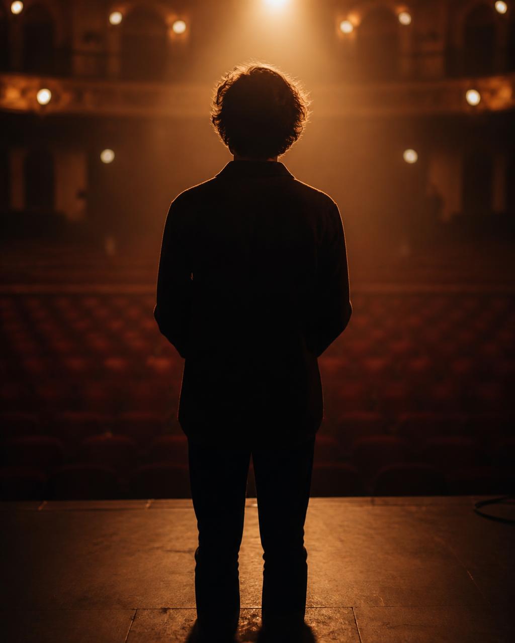 Young performer seen from behind, facing a warmly lit stage